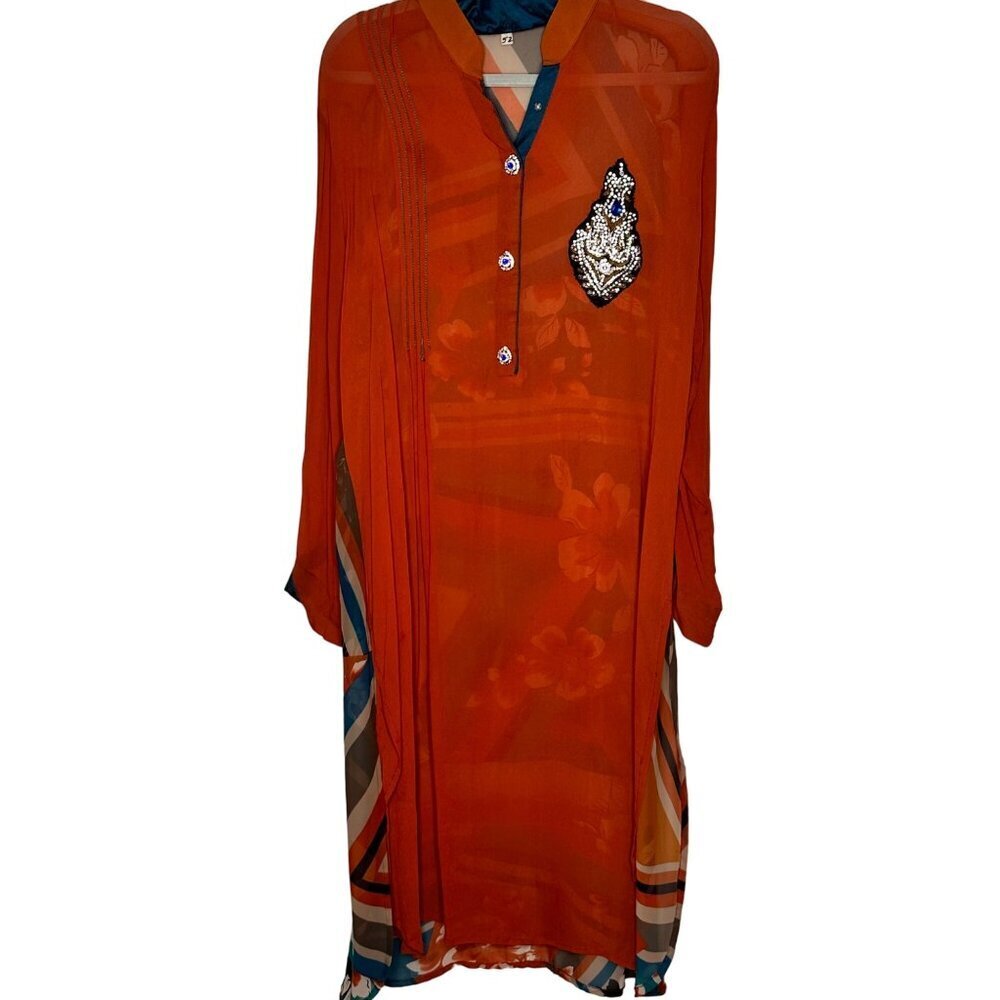 Orange Chiffon Kurta With Embellished Patch & Geometric Floral Pattern